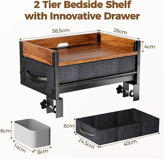 Bedside Shelf for Dorm Room, 2 Tier Clip On Bed Side Table Loft Shelf for Bunk Bed, Bedside Tray with Cable Management, Under Mattress Bedside Shelf, Back to School