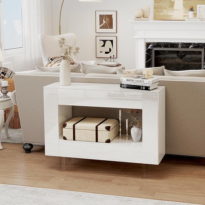 High Gloss Console Table with Hidden Side Storage Cabinets, Adjustable Shelves, Modern Entryway Sofa Table for Behind The Couch, Living Room, Hallway, White