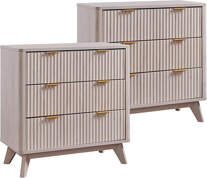 T4TREAM Fluted 3 Drawers Nightstand Set of 2, Oversized Extra Large Modern Side Table, End Table Bedside for Bedroom, Living Room, Curved Profile Design, White Alder