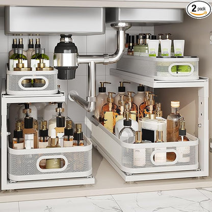 2 Pack 21IN-Depth Under Sink Organizer With Next-Gen Ball-Bearing Slides,2-Tier Precision Mesh Pull Out Cabinet Storage for Bathroom&Kitchen,Height Adjustable Drawers Shelf,Anti-rust-White
