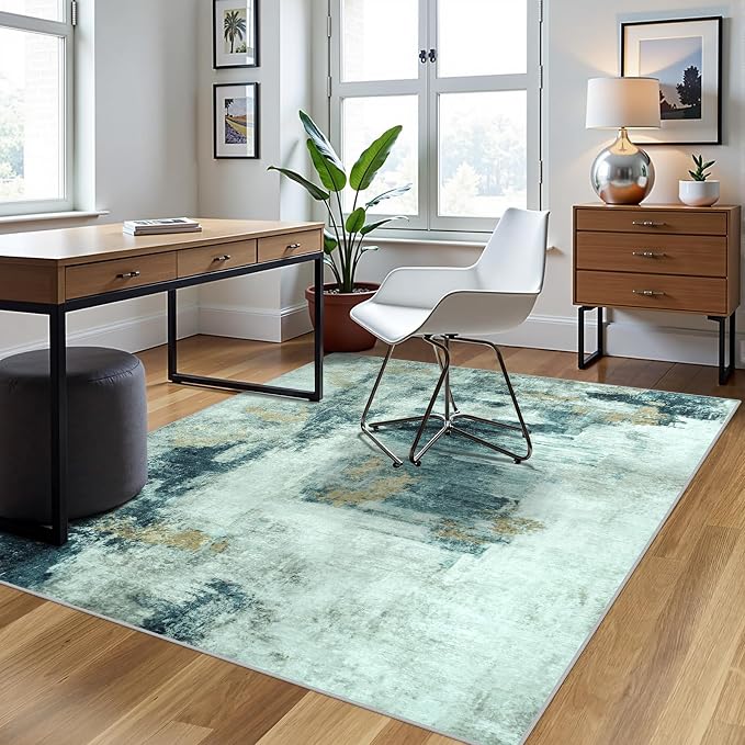 5x7 Area Rugs for Living Room Rug Washable: Abstract Rug for Dining Room Bedroom Carpet Non Slip 5 by 7 Indoor Modern Nursery Home Office Teal Grey Gold