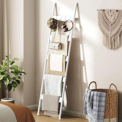 HOOBRO Blanket Ladder, 5-Tier Towel Rack with Hooks, Wall-Leaning Blanket Rack, Decorative Display Ladder Shelf, for Scarves, Industrial, Living Room, Bedroom, White WW52CJ01