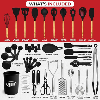 Kaluns 50 PCS Silicone Kitchen Utensils Set Complete Kitchen Set - 800°F Heat Resistant Non-Stick Premium Silicone Cooking Utensils W Wooden Handles - Can Opener, Masher, Turner, Silicone Spatula Set