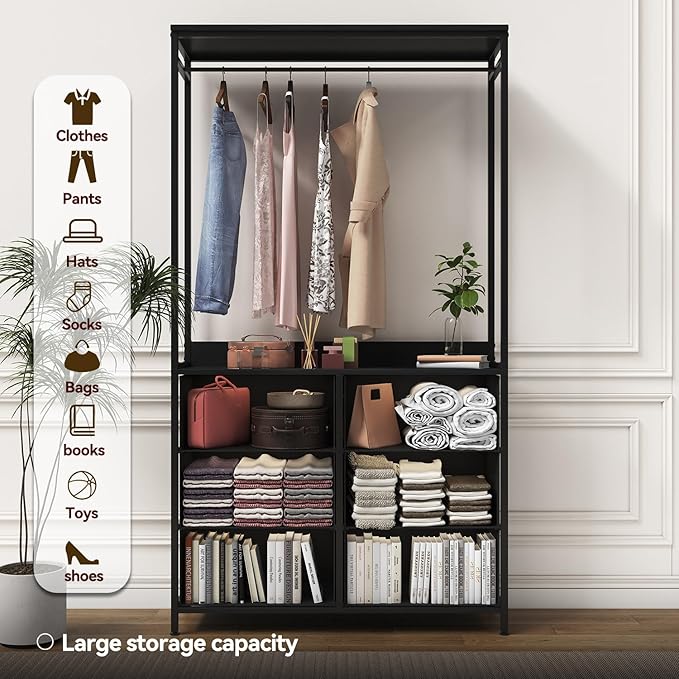 6 Dresser Drawer with Hanging Rack, 2-in-1Tall Dresser for Bedroom/Closet, Fabric Dressers & Chests of Drawers, Sturdy Alloy Steel Frame, Space Saving Closet Organizer