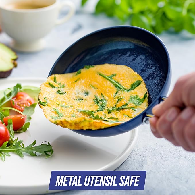 Blue Diamond Mini Egg Frying Pan Skillet, Diamond Infused Healthy Ceramic Nonstick, PFAS and PFOA-Free, Dishwasher and Oven Safe, Even Heating, Metal Utensil Safe, Warp Control Base, Blue