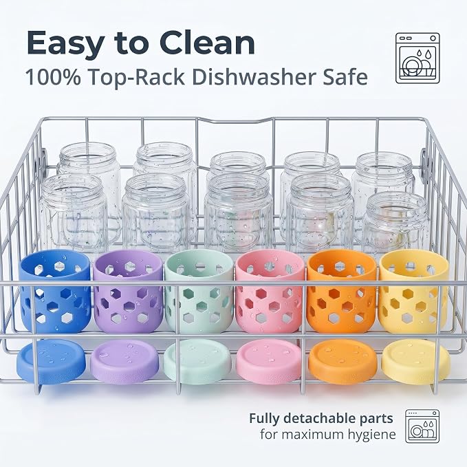 6-Pack 16 oz Overnight Oats Jars with Lids & Silicone Sleeves - Airtight Glass Mason Jars, Food Storage, Wide Mouth Meal Prep Containers for Chia Pudding, Yogurt, Berries & Snacks (Include Spoons)