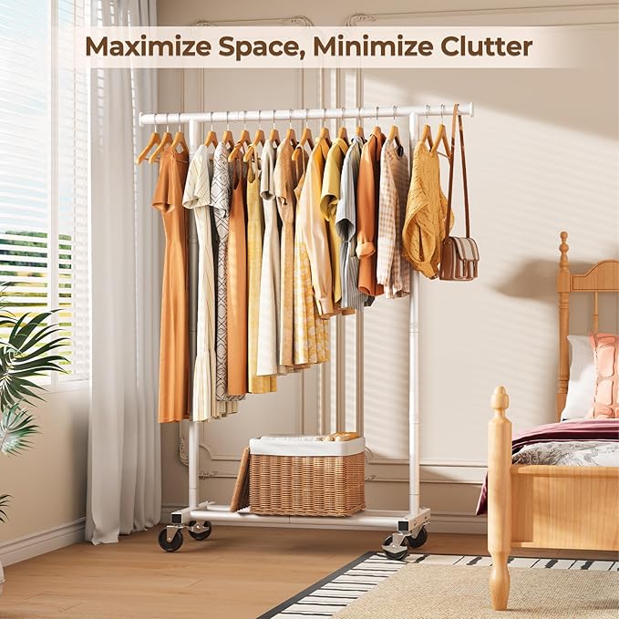 Clothes Rack, Clothing Rack for Hanging Clothes, Rolling Garment Rack Sturdy Coat Rack Portable Wardrobe Rack Metal Closet Rack for Bedroom Laundry Living Room, White