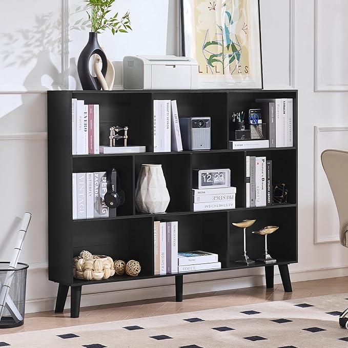 LEYAOYAO 10 Cube Bookshelf, 3 Tier Vintage 55" Wide Bookcase with Legs, Mid-Century Wood Bookshelves Storage, Black Large Book Case, Freestanding Organizer Display Shelf for Living Room, Office