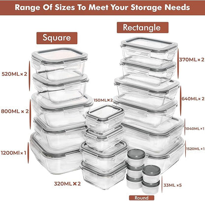 Razab 35 Pc Set Glass Food Storage Containers with Lids - Meal Prep Airtight Bento Boxes BPA-Free 100% Leak Proof (15 lids,15 glass & 5 Plastic Sauce/Dip Containers)