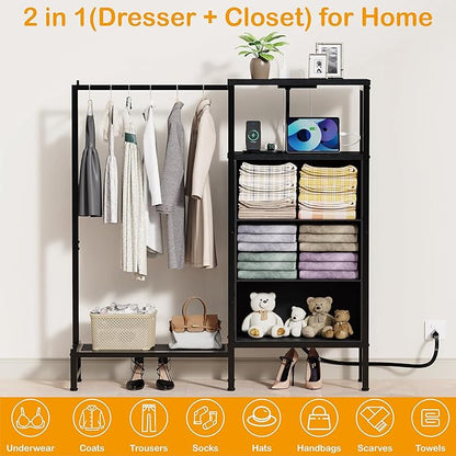 Dresser for Bedroom with Hanging Rack, 3 Drawers Closet with Charging Station, Faric Chest of Drawers with Clothes Rack, Storage Organzier for Hallway Entryway, Black