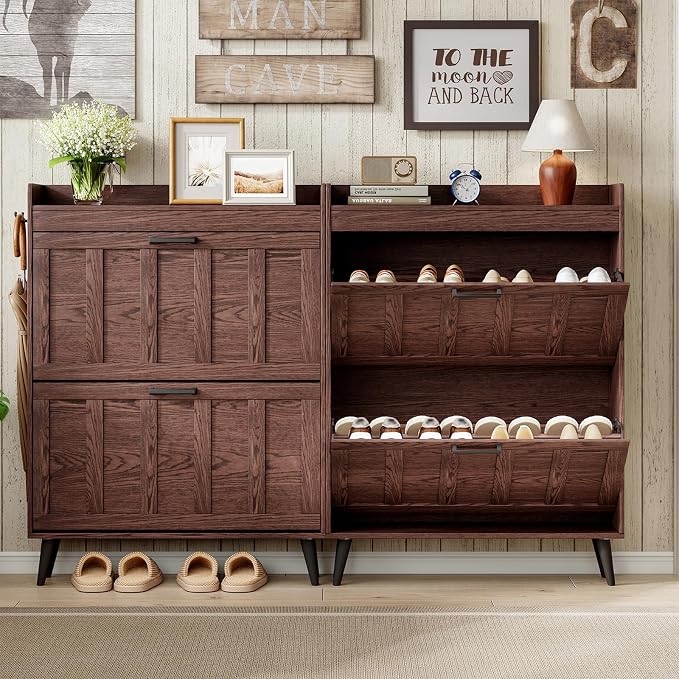ChooChoo Shoe Storage Cabinet with 2 Flip Drawers, Farmhouse Shoe Organizer Storage for Entryway, Freestanding Hidden Slim Narrow Shoe Rack Cabinet, Walnut