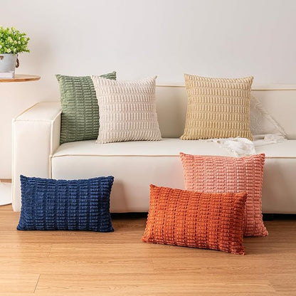 Aegero Pack of 2 Corduroy Decorative Throw Pillow Covers 18x18 InchSoft Boho Striped Pillow Covers Modern Farmhouse Home Decor for Sofa Living Room Couch Bed（Dark Brown）