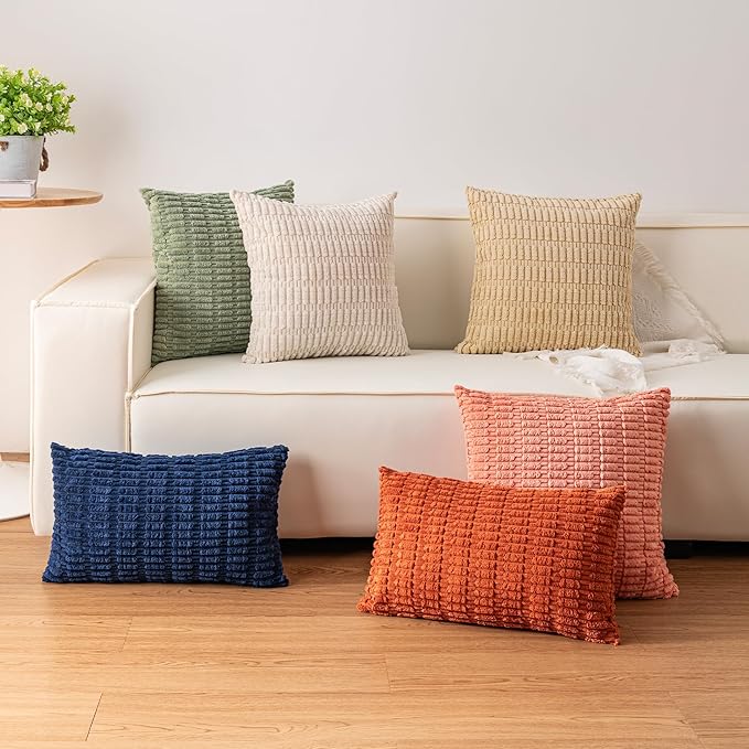 Aegero Pack of 2 Christmas Green Corduroy Decorative Throw Pillow Covers 12x20 Inch Soft Striped Pillow Covers Modern Farmhouse Home Decor for Sofa Living Room Couch Bed（Blackish Green）