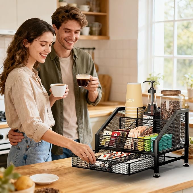 SWTYMIKI Coffee Bar Organizer for Countertop – Space-Saving Kcup Organizer with Drawer and Tiered Shelves, Coffee Station for Pods, Sugar, Syrup, Cups, Stirrers, Condiment Organizer Storage