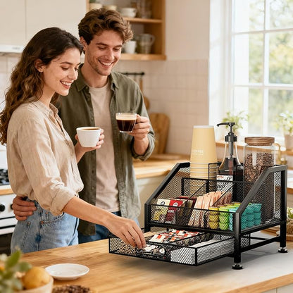 SWTYMIKI Coffee Bar Organizer for Countertop – Space-Saving Kcup Organizer with Drawer and Tiered Shelves, Coffee Station for Pods, Sugar, Syrup, Cups, Stirrers, Condiment Organizer Storage