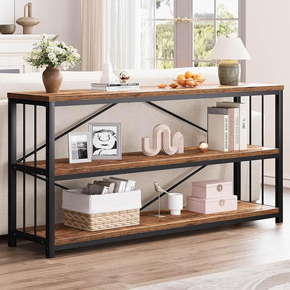 LVB Rustic 3 Tier Entryway Table, Industrial Long Wood Sofa Table Behind Couch,Farmhouse Narrow Console Table with Storage Shelf, Modern Hallway Entry Table for Foyer Living Room, Rustic Brown, 63