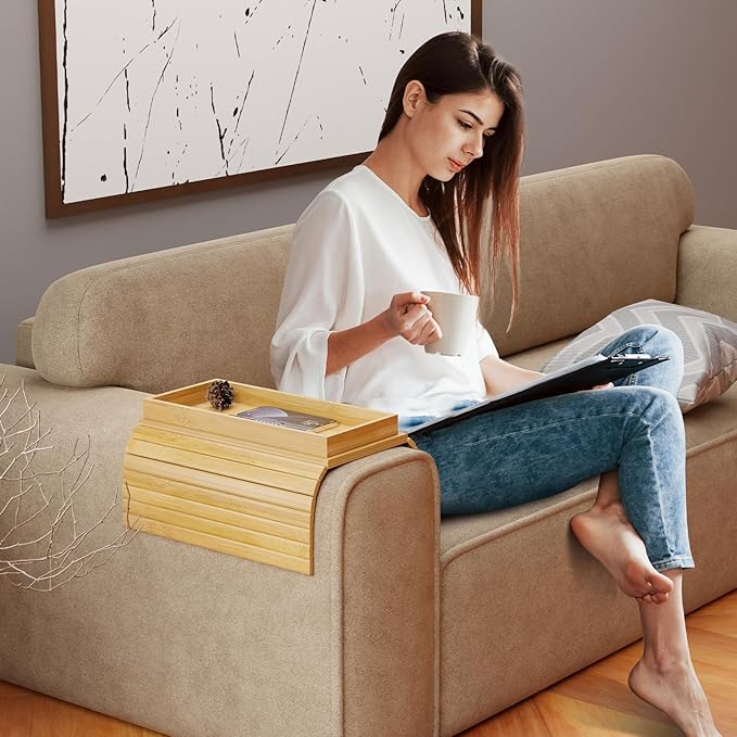 Bestjing Bamboo Sofa Armrest Tray Table for Couch - 2-in-1 Couch Arm Table with Be Slide Detachable Tray- Anti-Slip Foldable Sofa Armchair Caddy for Drinks Cellphone TV Remote Snacks (Bamboo)