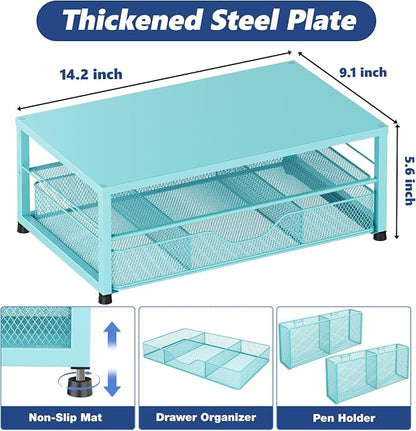 OPNICE Desk Organizers and Accessories, 2-Tier Computer Monitor Stand Riser with Drawer and 2 Pen Holders, Laptop Stand, Office Desk Accessories for Office Supplies, Teal Blue