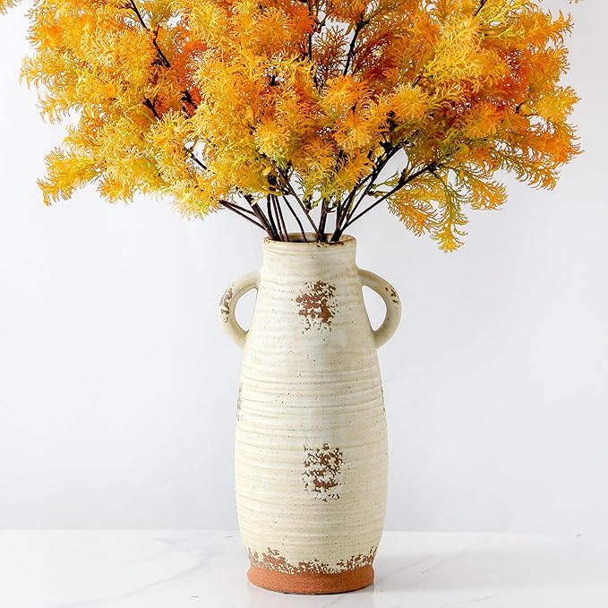Ceramic Flower Vase with Handles, 12.3 Inch Tall Vase for Centerpieces, Large Decorative Terracotta Vases, Farmhouse Rustic Vases for Home Decor, Living Room, Table, Neutral