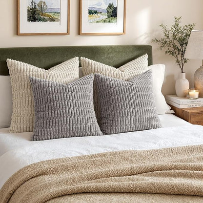 MIULEE Pack of 2 Corduroy Decorative Euro Sham Throw Pillow Covers 22x22 Inch Soft Boho Striped Pillow Covers Modern Farmhouse Home Decor for Sofa Living Room Couch Bed Light Grey