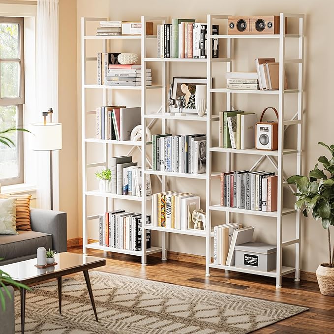 SUPERJARE Triple Bookshelf, Bookcase with 11 Open Display Shelves, Wide Book Shelf Book Case for Home & Office, 5 Tier, White