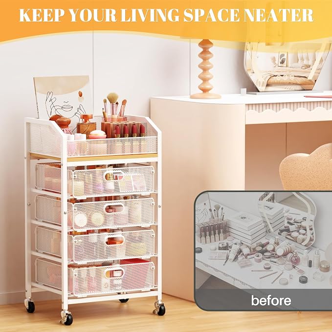SUNALLY Makeup Organizer Cart with 4 Drawers, Rolling Makeup Storage Cart Metal Skincare Organizers, Large Vanity Storage Organizer Cosmetics Display Cases for Skin Care Perfume Nail Polish, White