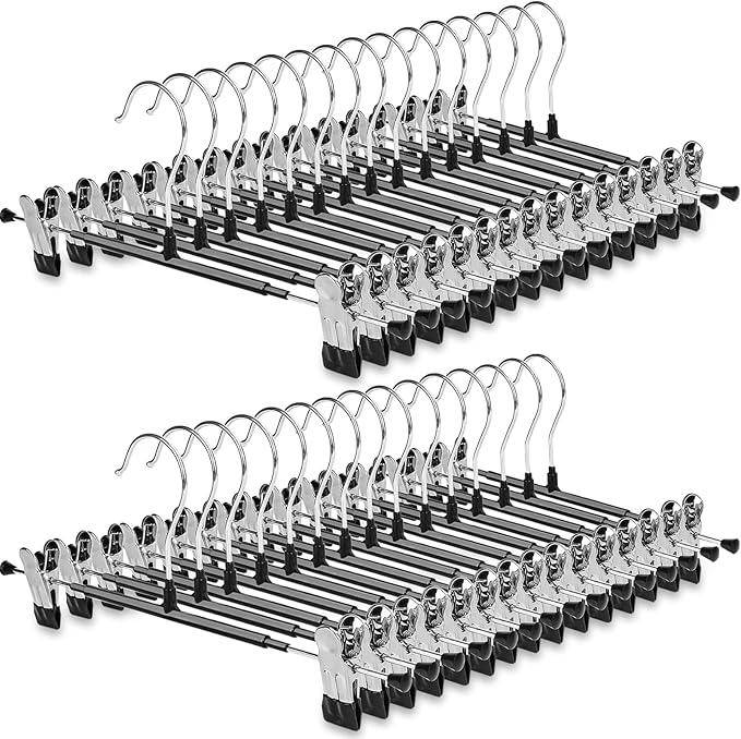 POZEAN Pants Hangers with Clips for Women 30 Pack, 12Inch Adjustable Heavy Duty Skirt Hangers, Space Saving Non-Slip Shorts Jeans Trousers Clothes Hangers, Black
