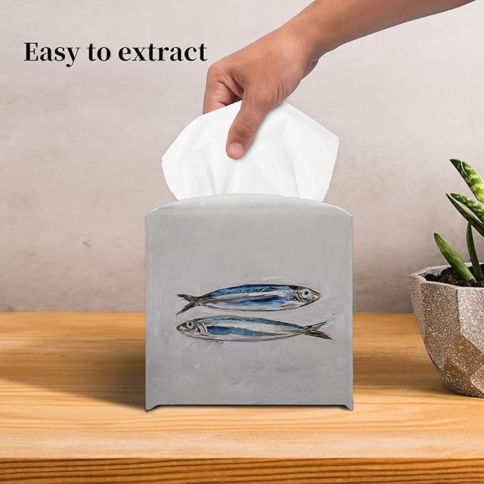 Grace Yonks Coastal Tissue Box Cover Square - Blue Sardines Painting Design 5.2" PU Leather Holder for Vanity, Desk, or Bathroom Counter - Cube Case for Facial Tissues. (111)