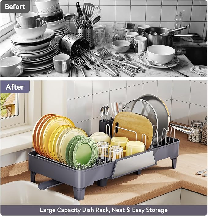 Urackify Large Dish Drying Rack - Expandable Dish Rack for Kitchen Counter, Multifunctional Dish Drainer with Drainboard & Utensil Holder, Anti-Rust, Fits Any Sink, Extendable 16.3" to 23.6" L, Gray