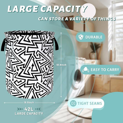 Black White Abstract Arrow Laundry Basket Foldable With Handles Tote Bag Oxford Cloth Funny Laundry Hamper Clothes Storage Bucket Toy Organizer 18.9" x 16.5" For Bathroom/Laundry/Bedroom