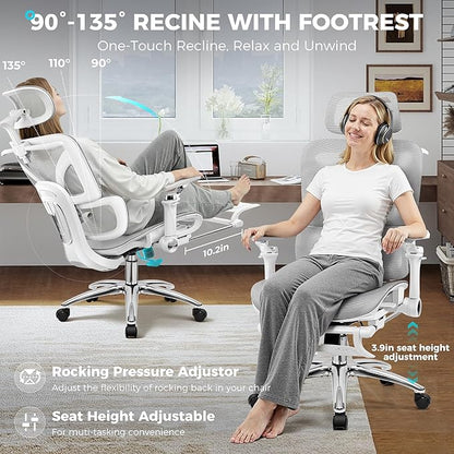 Ergonomic Office Chair with Footrest, Big and Tall Home Desk Chair, High Back Rolling Computer Chair with 5D Flip-Up Arms and Lumbar Support, Comfy Gaming Chair, Swivel Mesh Chairs, Gray
