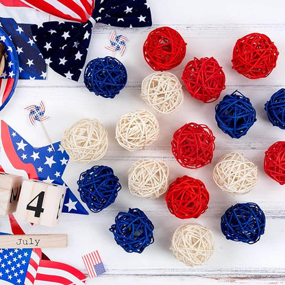 GuassLee 18pcs 4th of July Patriotic Decorative Balls Rattan Decoration - Red Blue White Balls for Independence Day Home Decor Craft Vase Bowl Filler Table Party Supplies Decorations