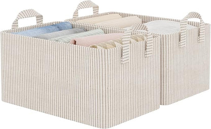 StorageWorks Storage Bins, Fabric Storage Bins for Shelves, Storage Baskets with Metal Frame, Closet Baskets and Bins with Handles, Khaki and Beige Stripes, 2-Pack