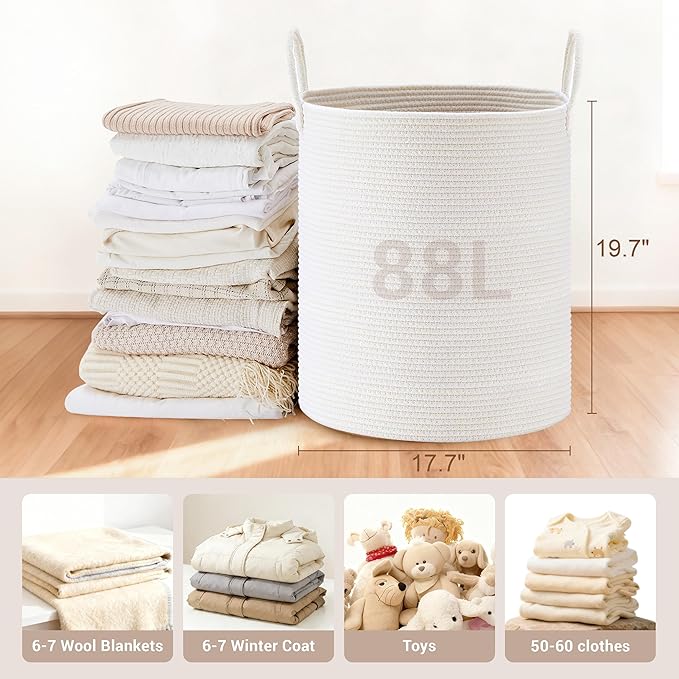 SunNewt Tall Laundry Basket with Handles, 88L Portable Dirty Clothes Hamper, Boho Cotton Rope Storage Bin for Blankets Kids Toys Gifts, Large Organizer for Baby Nursery Bedroom Bathroom, White