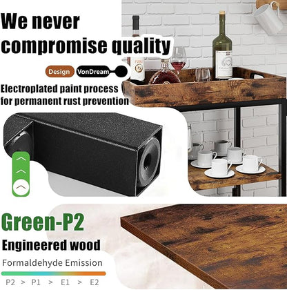 VonDream 3-Tier Bar Cart for The Home, Rolling Cart with Wheels and Handle, 3-Tier Serving Cart with Removable Tray, Kitchen Carts on Wheels with Storage