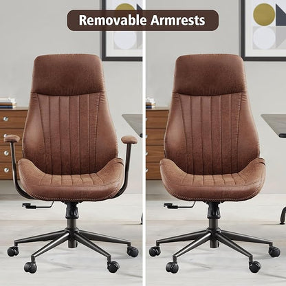 ovios Home Office Chair, Mid-Century Modern Faux Suede Leather Ergonomic Chairs, High Back Comfy Computer Swivel Rolling Task Executive Armchair, Dark Brown