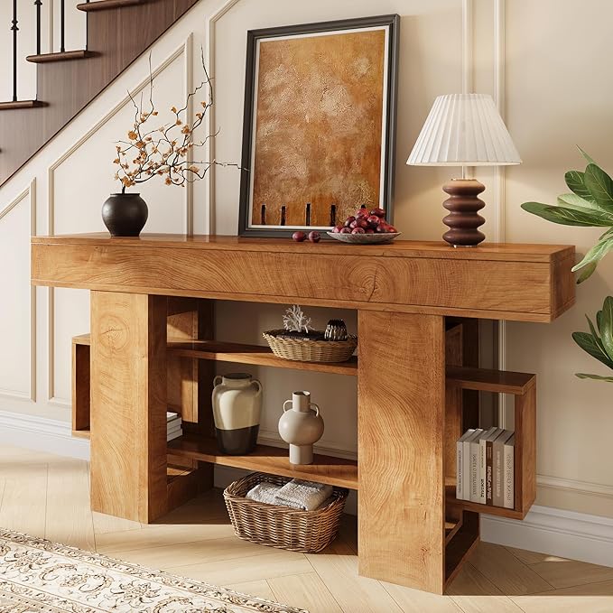 63 Inch Long Console Table for Entryway, Farmhouse Wooden Sofa Table Behind Couch with 3-Tier Storage Shelf, Narrow Entry Accent Table for Living Room, Hallway, Foyer, Oak
