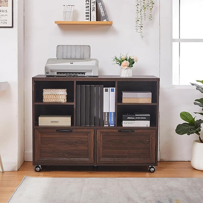 40" Farmhouse File Cabinet,Lateral File Cabinet with Wheels,Wood File Cabinet with shelve,Filing Cabinet with 2 Drawers for Legal/Letter/ A4 Size (Walnut)
