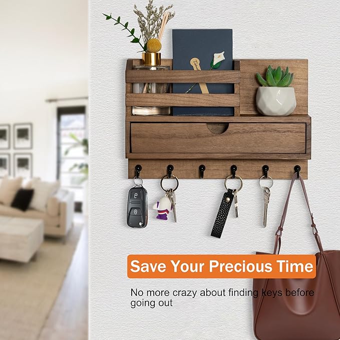 Key and Mail Holder for Wall, Mail Organizer Wall Mount with 6 Hooks and Storage Drawer, Wooden Key Rack Hanger with Shelf for Entryway and Home Decor