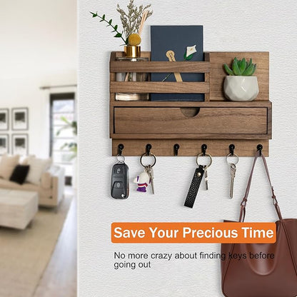 Key and Mail Holder for Wall, Mail Organizer Wall Mount with 6 Hooks and Storage Drawer, Wooden Key Rack Hanger with Shelf for Entryway and Home Decor