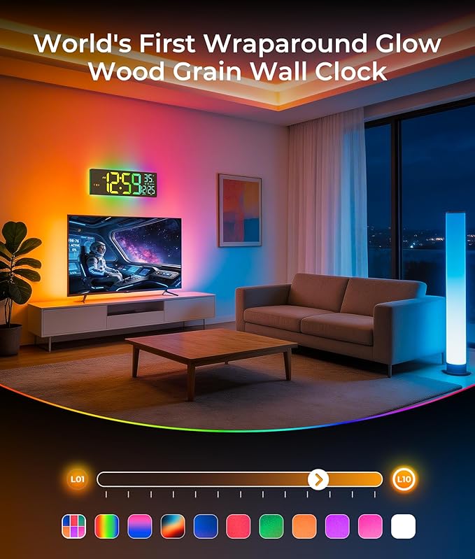 EASYERA 16.5" Large Digital Wall Clock with BT Sync, Wood Grain Clock with 11 RGB Light Scenes, Remote Control, Dual Alarms with Big LED Display, Auto DST, Temperature for Classroom Gaming