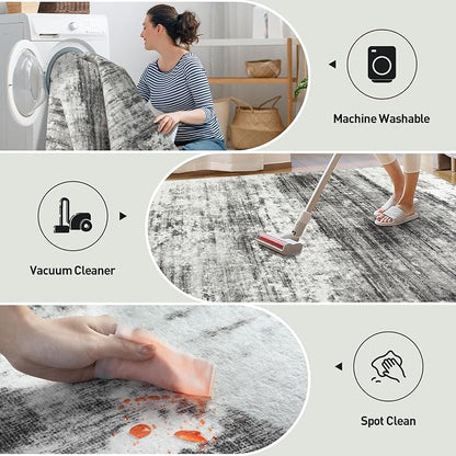 10x14 Area Rugs Washable Rug: Modern Abstract Living Room Rug Soft Anti-Skid Thin Carpet Indoor Floor Non-Shedding Carpets for Bedroom Dining Room Farmhouse Nursery Home Office Black Grey
