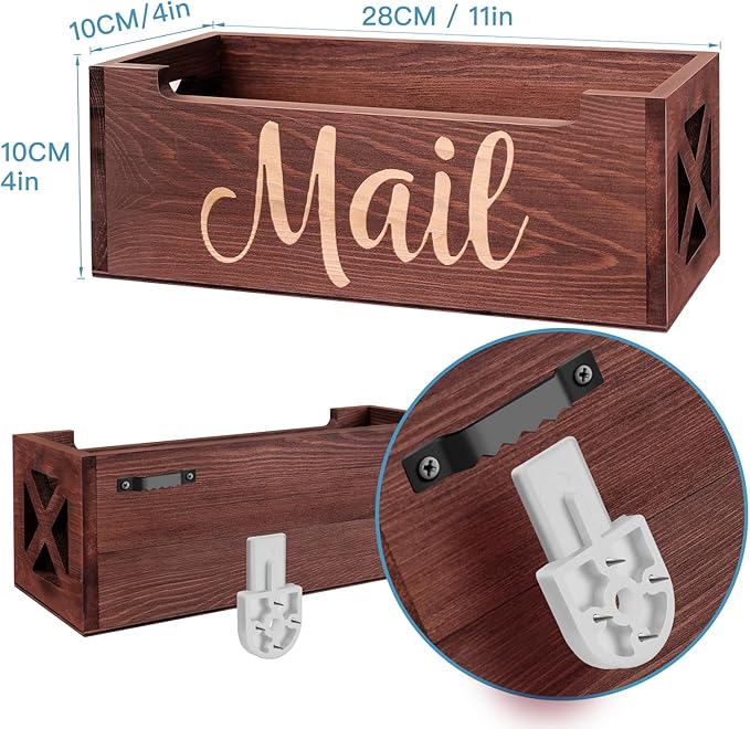 Wooden Mail Organizer Mail Holder Countertop, Farmhouse Brown Mail Tray Mail Storage Box for Wall, Rustic Mail Basket Letter Holder for Office Desk