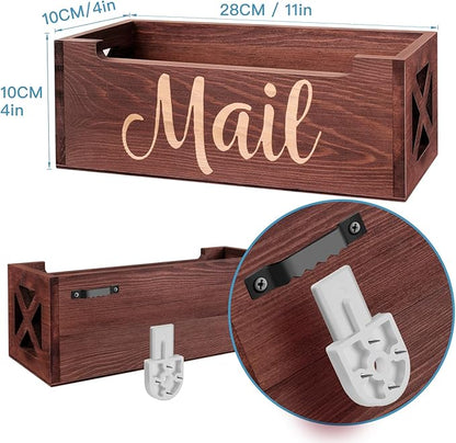 Wooden Mail Organizer Mail Holder Countertop, Farmhouse Brown Mail Tray Mail Storage Box for Wall, Rustic Mail Basket Letter Holder for Office Desk