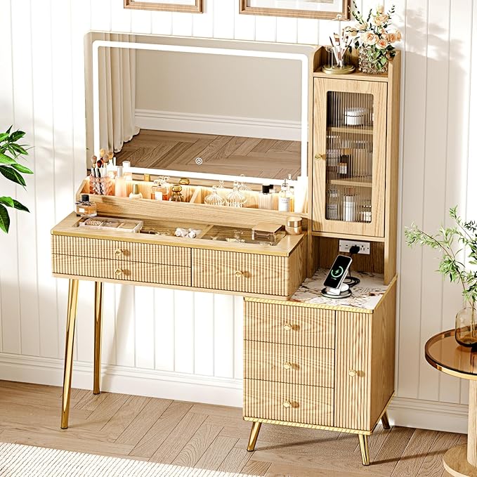 Vanity Desk with 35.12" HD Lighted Mirror, 46.85" Big Modern Vanity Desk with Mirror and Lights, Makeup Vanity with 7 Drawers and Storage Shelves and Charging Station, Oak