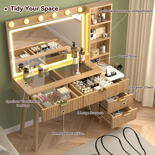 43" Fluted Makeup Vanity Desk with 32" Mirror and Lights, Modern Glass Top Large Vanity Table with 5 Drawers and 3 Storage Shelves, Dressing Table Set with Charging Station for Bedroom-Gray