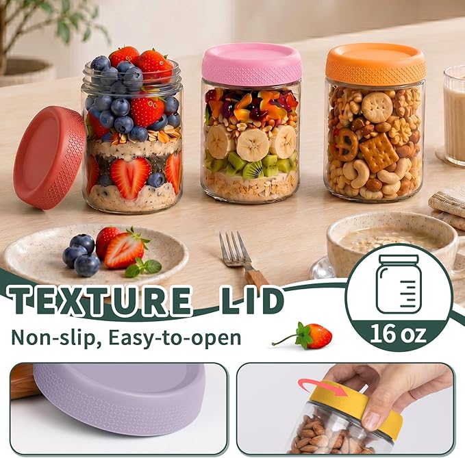 16 oz Mason Jars, 6 Pack Air Tight Overnight Oats Jars, Chia Pudding Glass Jars with Lids, Parfait Cups with Lids, Sugar Bowls, Glass Storage Jar for Yogurt, Snack, Food, Prep Meal, Breakfast