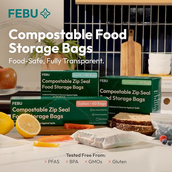 FEBU Sandwich Compostable Food Storage Bags, 180 Count | Certified Home Compostable & Biodegradable | PFAS & BPA Free Zipper Bags | Leak-Proof & Resealable | 6.5"x 5.88”