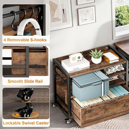 LVB Wood Lateral File Cabinet with Drawers, Rolling Filing Cabinet Under Desk for Home Office, Printer Stand with Storage Shelf,Hanging File Organizer for Legal/Letter Size, Rustic Oak, 33Inch