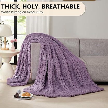 L'AGRATY Chunky Knit Blanket Throw - 60''x80'' Chenille Cable Knit Throw For Bed Couch - Handmade Thick Big Crochet Rope Blanket For Home Decor (Deep Purple)